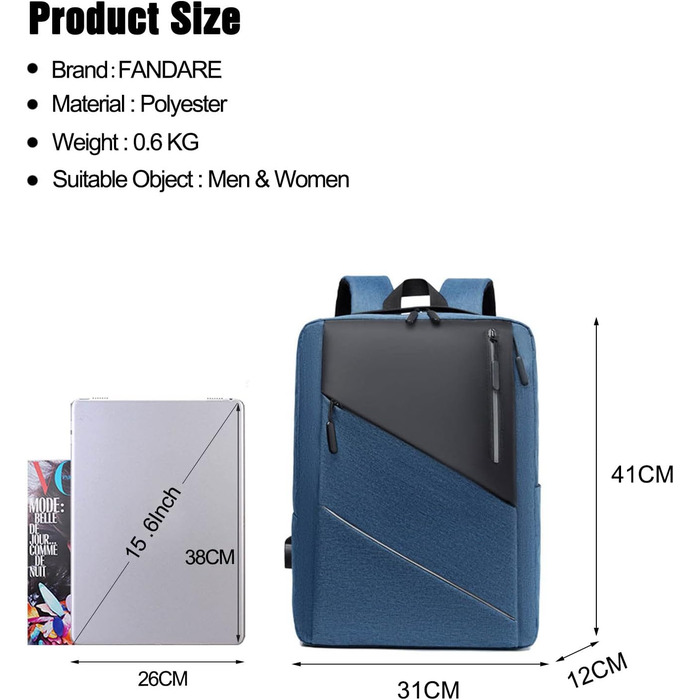 Рюкзак для ноутбука FANDARE: чоловічий/жіночий, для роботи, подорожей, навчання. USB-порт, багатокольоровий, для бізнесу, роботи, відпочинку, активного відпочинку