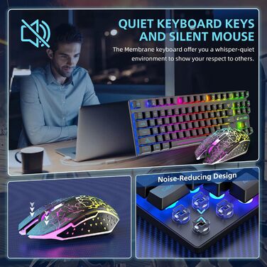 Механічна ігрова комбо клавіатура та миша з підсвічуванням Rainbow: клавіатура 87 клавіш, миша 2400DPI з 6 кнопками, та килимок для миші (чорний)