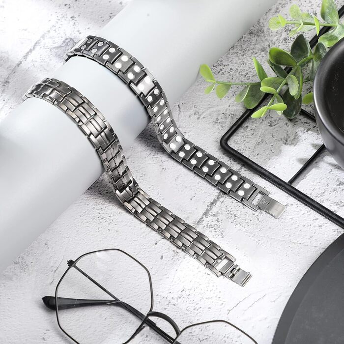 Браслет на магніті для чоловіків Jadive: титановий браслет з дворядними магнітами, регульований розмір, інструмент та сумка, чорний, повністю магнітний