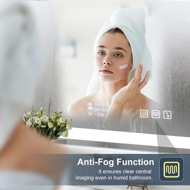 Дзеркало для ванної кімнати S'bagno з підсвічуванням 100x70 см, LED, з полицею, протитуманне покриття, регулювання кольору (3000K/4000K/6500K), диммування, HD-загартоване скло, IP44, горизонтальне/вертикальне встановлення, Bluetooth, годинник