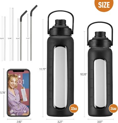 BLUEGO Glass Water Bottle 900ml Sport Water Bottle with 2 Lids and Straw Leak-Proof Glass Bottle with Time Marker and Measuring Scale BPA Free, Black