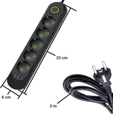 Мережева стрічка Retoo з 3 USB, 5 розеток, вимикачем та 5м кабелем, захист від перенапруги 2500W/10A, з вилками, для смартфонів, ноутбуків, дому, кухні