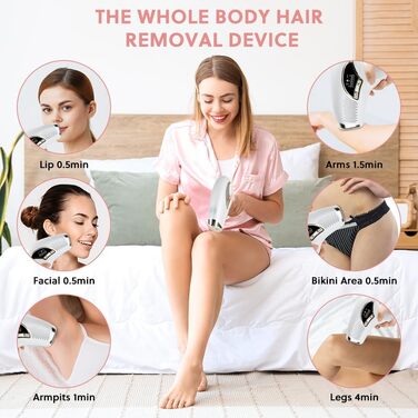 Епілятор ACWOO з охолоджувальною системою, безболісне видалення волосся, лазерний епілятор з 3 функціями HR/SC/RA, 9 рівнів потужності для жінок/чоловіків, обличчя, руки, зона бікіні, тіло, ноги, білий