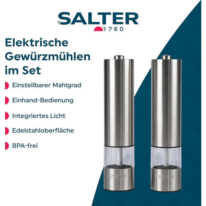 Електричні соляна та перецева млини Salter 7522 SSTUR15UP з нержавіючої сталі, прозорий акриловий корпус, регульований ступінь помелу, One-Touch, вбудоване світло, поворотний замок, зручні для людей з артритом