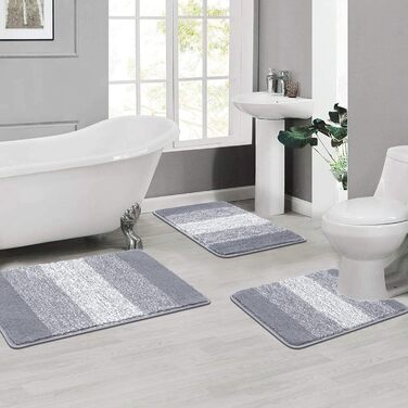 Enyhom 3-Piece Microfiber Bath Mat Set - Non-Slip Bathroom Rugs & Toilet Mat Set - Soft & Washable - Grey - 45x65cm, 50x80cm, 50x60cm