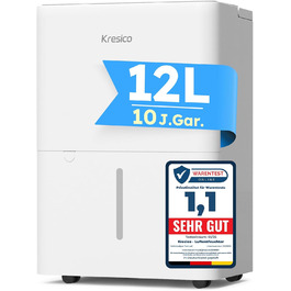 Електричний осушувач повітря Kresico 12L - для підвалів та приміщень до 122м³, 35dB, з шлангом, фільтром, таймером, 10 років гарантії