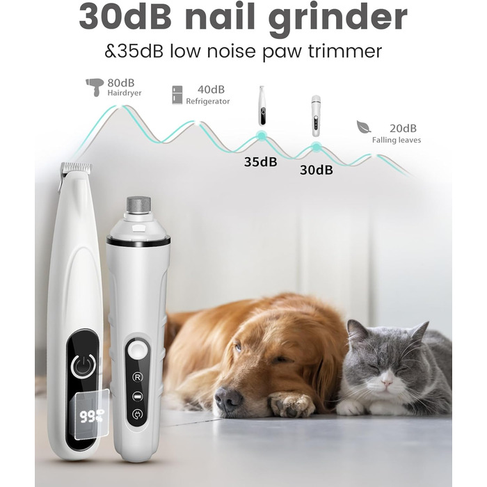 Триммер для стрижки кігтів та стрижка кігтів для собак 2 в 1, безшумний, акумуляторний, електричний, для великих, середніх та маленьких собак, білий