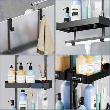 Підставка для душу настінна, полиця для душу з кріпленням для скляних душових кабін, тримач для шампуню в душ, корзина для душу без свердління, чорна з 8 гачками, нержавіюча сталь 65.5x30x11.2 см