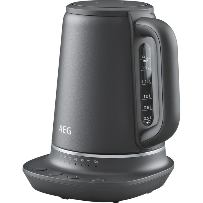 AEG K7-1-6BP Kettle (7 temperature settings, 3-fold safety switch-off, keep-warm function, 1.7 liters, drip stop, easy cleaning, 360° base, anti-slip coating, LED display, gray)