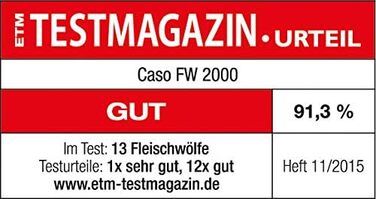Електрична м'ясоподрібнювач Caso FW2000, 2000 Вт, з насадкою для печива, корпус з алюмінієвого лиття, 800 Вт, 2 кг/хв