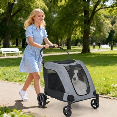 GOPLUS Складаний візок для собак, переносний для домашніх тварин на 4 колесах з кишенькою, сітковими віконцями та регульованою ручкою, візок для собак, розкладний, 60 кг, 67 x 98 x 88 см
