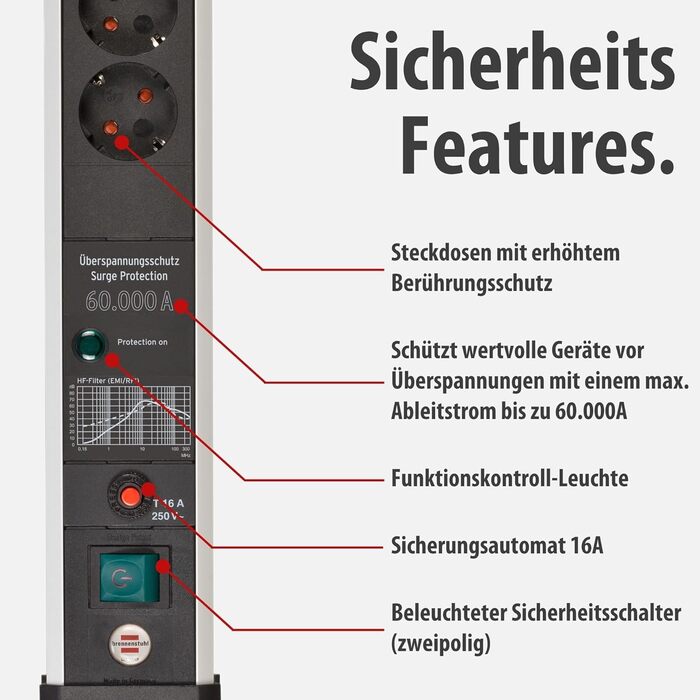 Бренненштуль Premium-Protect-Line Мережевий фільтр 6 виходів з USB та захистом від перенапруги (розподільник з вимикачем, 3м кабель, 2 USB 3.1A, Made in Germany) Сріблястий/чорний