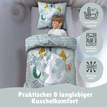 Комплект постільної білизни для ліжечка Kinderbettwäsche: 2-Piece Set з тваринами та глобусом - ковдра 135x200 + подушка 80x80 см, закривається на блискавку. Підходить для хлопчиків та дівчаток. 100% бавовна, ренфорсе, приємна до шкіри, сертифікат Oeko-Te