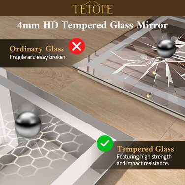 Дзеркало для ванної кімнати TETOTE з підсвічуванням 50x70 см, без рами, LED, сенсорне керування, 3 кольори, регулювання яскравості, пам'ять, 70 см x 50 см