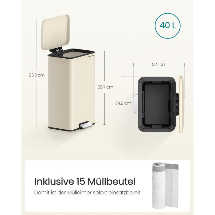 Відро для сміття SONGMICS 40 л, сталеве, з м'яким закриттям, з мішками, пісочно-бежеве (LTB540A02)