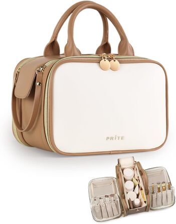 Косметичка для макіяжу Prite з великою місткістю, водонепроникна, з ручкою та кількома відділеннями, бежево-коричнева