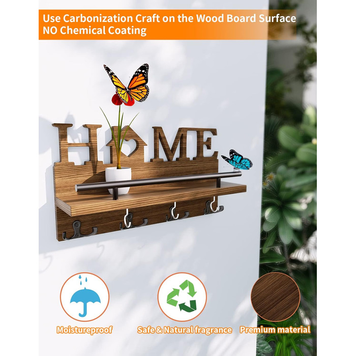 Дерев'яна полиця для ключів SWTYMIKI з 7 гачками - органайзер настінний, ключниця з полицею, браун