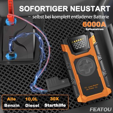 Powerbank для автомобіля Starthilfe 6000A з компресором 150PSI, 12V, для бензинових та дизельних авто (до 10л), QC3.0, LCD, ліхтарик