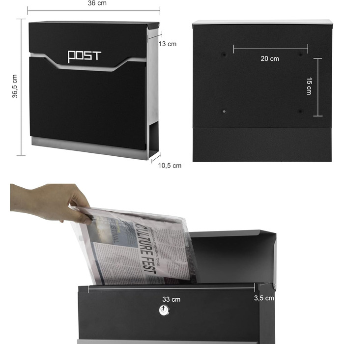 Поштова скринька Arebos сучасного дизайну настінна, з газетницею, чорна - стійка до погодних умов, з ключами та кріпленням