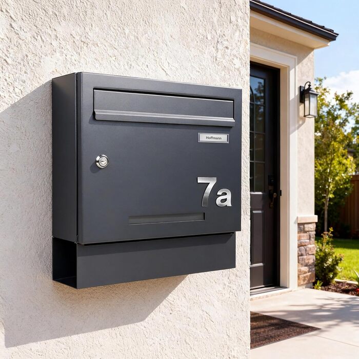 Поштовий ящик Zedelmaier Anthrazit RAL 7016 з газетницею та табличкою з нержавіючої сталі, 3D номер будинку, сучасний, стійкий до погодних умов, подвійне порошкове покриття