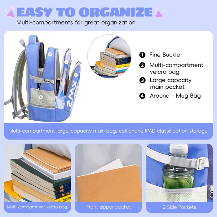 Шкільний рюкзак для підлітків 46L, рюкзак для школи, гімназії, старшої школи з нагрудною стрічкою, світловідбиваючими елементами, відділенням для 17.3' ноутбука, міцний, повсякденний, модель 5255 (Світло-блакитний)