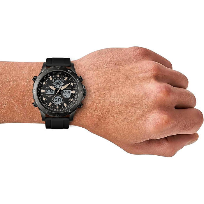 Годинники PINDOWS для чоловіків: водонепроникні спортивні годинники (аналогові/цифрові), багатофункціональні, з LED-підсвічуванням, будильником, секундоміром (чорний/жовтий)