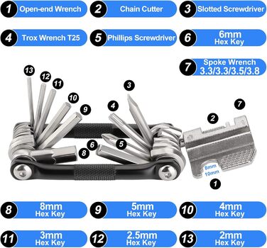 Мультитул для велосипеда 17 в 1: набір інструментів для ремонту велосипеда, знімач ланцюга, шестигранники, ключ для спиць. Підходить для шосейних та гірських велосипедів
