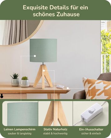 Настільна лампа EDISHINE вінтажна, зелена, LED, дерев'яний штатив, льняний абажур, E27, для декору спальні та вітальні