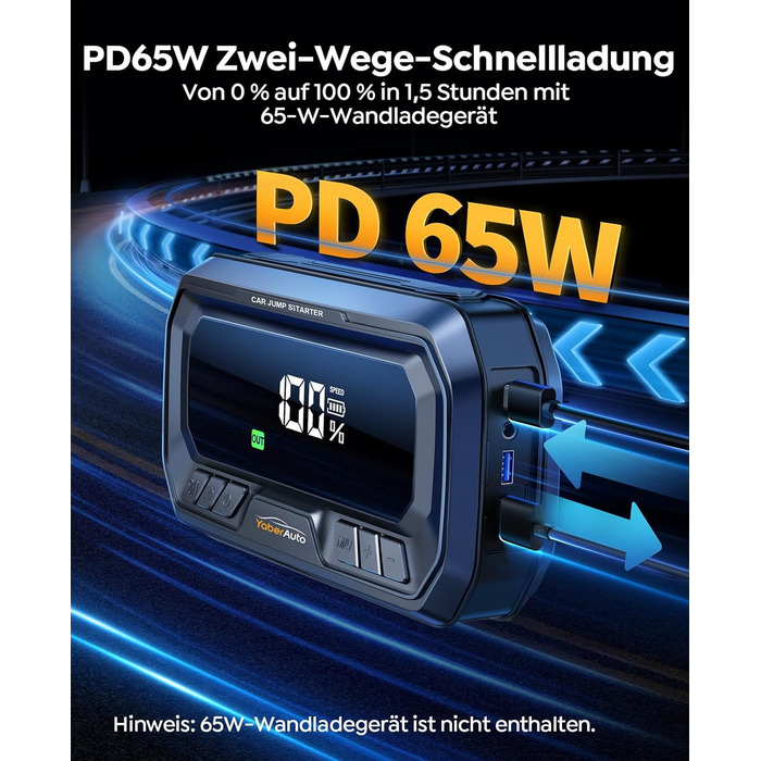 Powerbank YaberAuto для запуску двигуна з компресором, 160PSI, 6500A, PD 65W, 26800mAh. Запуск авто, 600 люмен, LCD екран