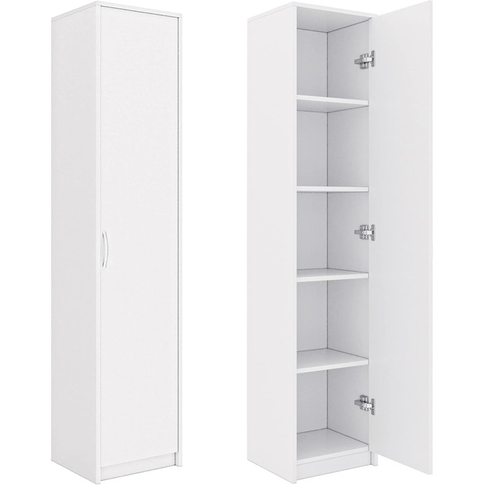 Bookshelf Wardrobe Shelf White 40cm wide 180cm high Storage Cabinet Organizer Multi-Purpose Cabinet with 4 Adjustable Shelves Filing Cabinet Shelf Wall narrow Wood for Bedroom Hallway Basement Office