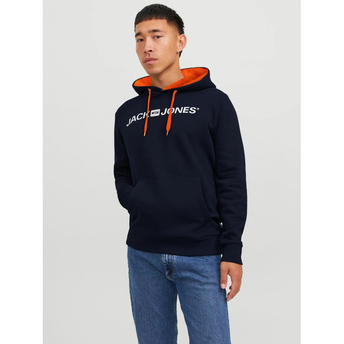 Чоловічий худі JACK & JONES з капюшоном та кишенею, Regular Fit, колір Shocking Orange/Navy Blazer, розмір XS