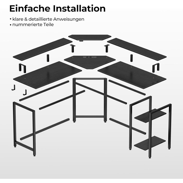 Кутовий комп'ютерний стіл у формі L з LED-підсвіткою та розетками, 135x47 см