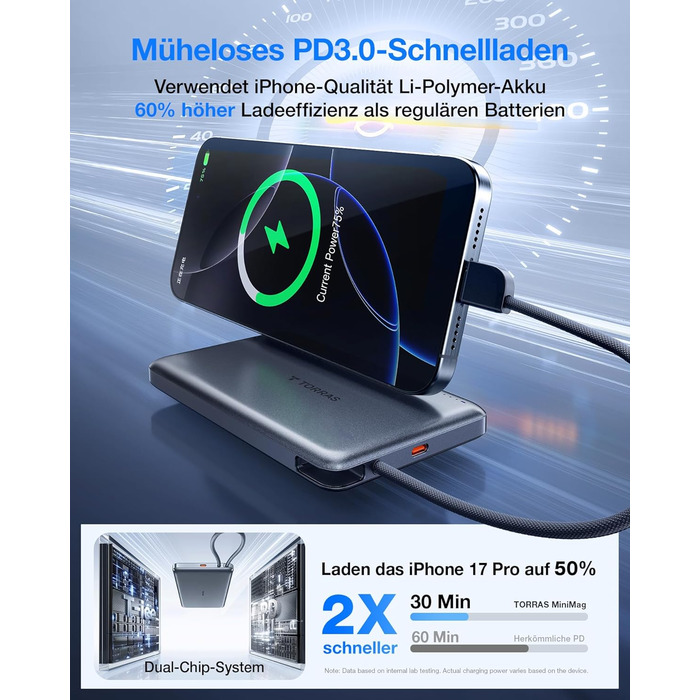 Портативний зарядний пристрій TORRAS Slim Powerbank 10000mAh з кабелем USB-C, 22.5W PD3.0, для iPhone, Samsung, AirPods, білий