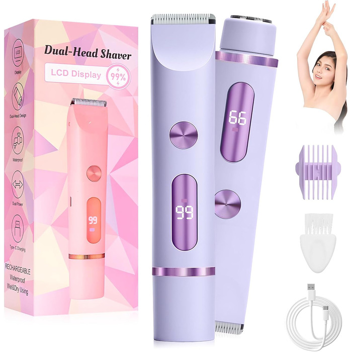 Триммер для бікіні RoserRose 2-в-1 для жінок з LED дисплеєм, водонепроникний (IPX7), Type-C зарядка, набір для догляду за інтимною зоною (фіолетовий)