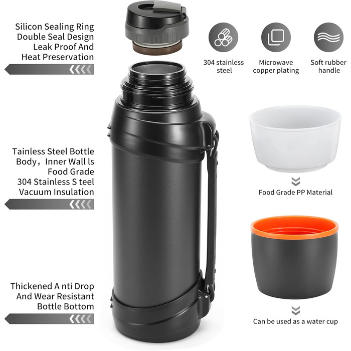 Термос-пляшка з нержавіючої сталі, 2.5 л, з кришкою-чашкою, зберігає тепло 24 год, холод 24 год, без BPA (чорна)