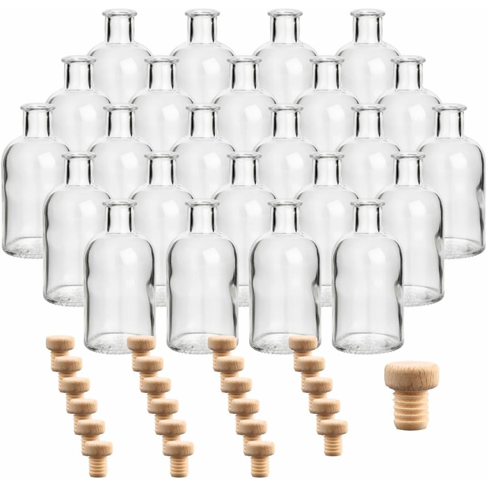 Gouveo 24-Piece Glass Bottles 100 ml Apothecary Design Round with Corks (HGK) - Small 0.1 l Glass Bottle for Liqueur, Oil, Vinegar, Decor (AFRT100HGK)