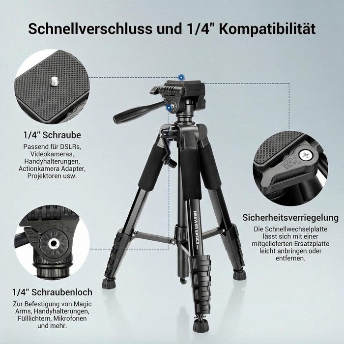 Полегшений алюмінієвий штатив для камери та смартфона NEEWER Basics TP56, професійний компактний трипод для подорожей з 3-позиційною нахильною головкою, висота 188 см