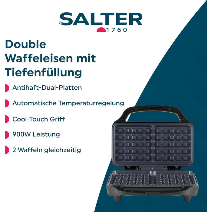 Вафельниця Salter Double з антипригарним покриттям - для бельгійських та американських вафель, 900W, EU штекер