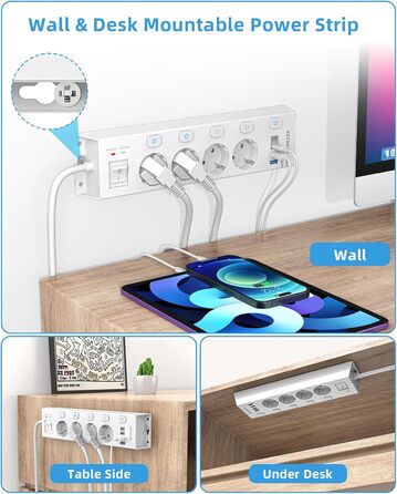 Мережевий фільтр Steckdoseleiste 5-фазний з індивідуальним вимикачем, захистом від перенапруги 1050J, для дому та офісу, кабель 2м (4 фази з USB, білий)