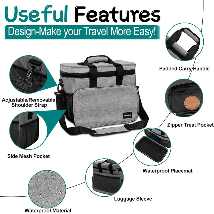 Набір для подорожей з собакою: сумка-переноска, миски та контейнери для їжі. Сірий, L