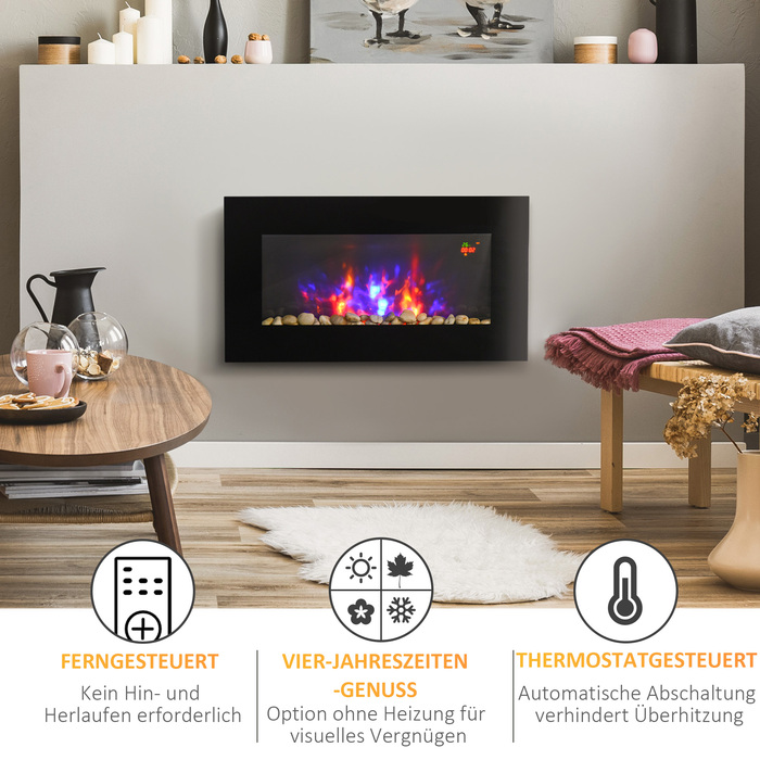 Електрокамін HOMCOM з LED-підсвічуванням полум'я, 1000/2000 Вт, настінний камін у 7 кольорах, з дистанційним керуванням, для настінного монтажу, чорного кольору | Aosom