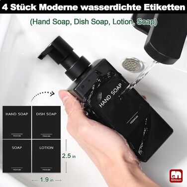 Диспенсер для мила GMISUN чорний скляний 350 мл для кухні та ванної кімнати з піддоном та водонепроникними етикетками