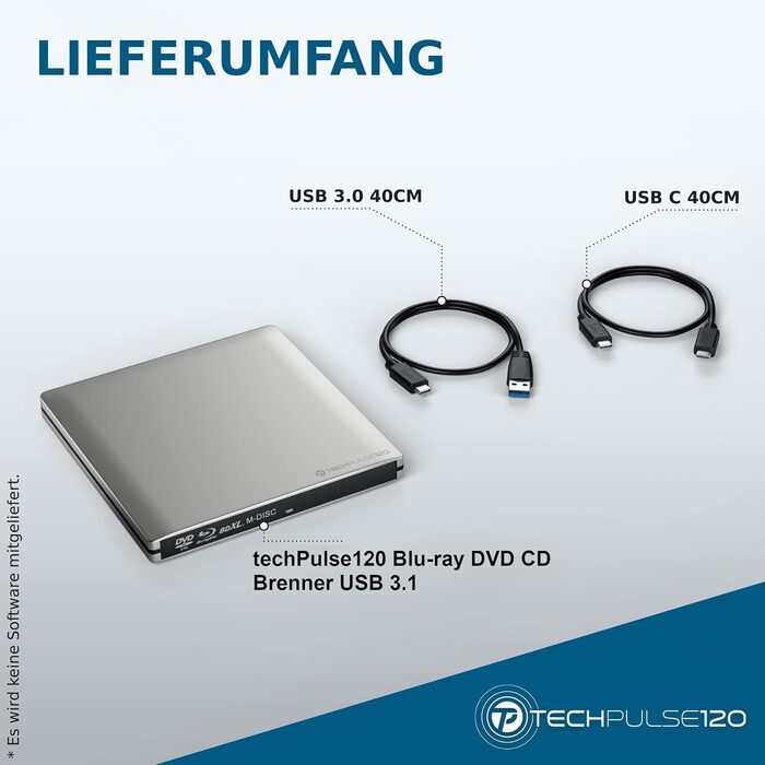 Зовнішній Blu-ray привід techPulse120 USB 3.1 Type-C M-Disc BDXL записувач та плеєр CD/DVD/BD Slim для PC, Notebook, Mac OS, MacBook Pro/Air, алюміній, срібло