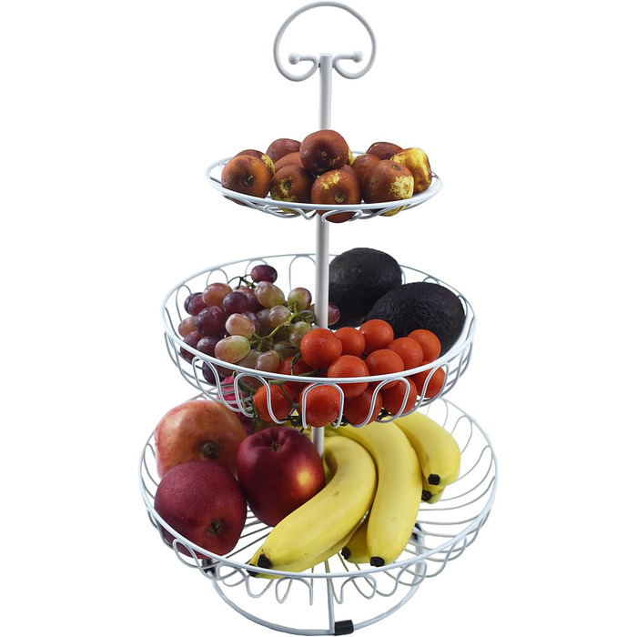 Металевий кошик для фруктів та овочів з ручкою - 3 яруси, великий, з нержавіючої сталі, з циркуляцією повітря (45см, Ø30-24-16.5см), білий