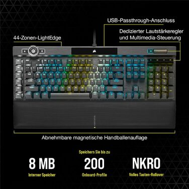 Механічна ігрова клавіатура Corsair K100 RGB з клавішами Cherry MX Low Profile, Bluetooth, сумісна з iCUE, QWERTZ DE, чорна