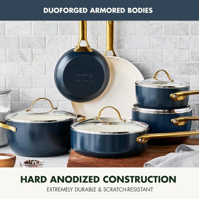 GreenPan Reserve Hard Anodized Healthy Ceramic Nonstick 10 Piece Cookware Pots and Pans Set, Gold Handle, PFAS-Free, Dishwasher Safe, Oven Safe, Twilight Blue (Klein Blau)