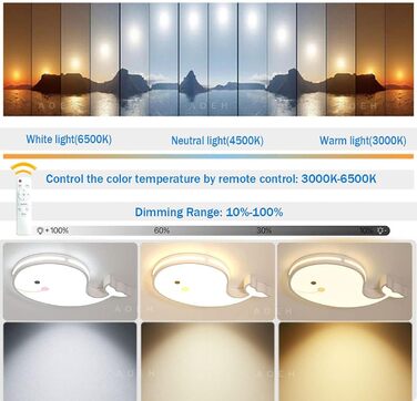 LED Ceiling Lamp Dolphin Shape Dimmable with Remote Control Boy Girl Baby Kids Children's Room Lamps Ceiling Children's Room Bedroom Lamp Room Lighting Chandelier, White, 50cm (White)