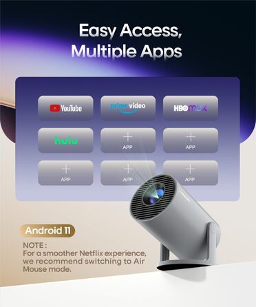 Міні проектор Beamer 4K Android 11, Smart проектор 5G WiFi 6 BT 5.4, Full HD 1080P, 200ANSI, 8000 люмен, Автоматичне виправлення трапецеїдальних спотворень (Сірий), Ручне фокусування