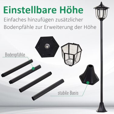 Сонячне освітлення для саду Outsunny – LED ліхтар для саду та тераси, 30/60 люмен, пластик, чорний, Ø26,5 x H177 см. Ідеально підходить для саду та тераси.