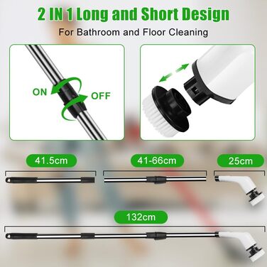 Електрична щітка для чищення OSDUE з 7 насадками, бездротова, водонепроникна IPX7, для ванни та плитки, з регульованою ручкою 137 см, біла